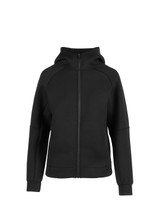 A black women's hoodie featuring a zip front, long sleeves, and a hood. It has a small logo at the chest.