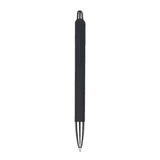 A black plastic pen with a smooth finish and metallic accents, featuring a logo on the body.