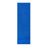 A blue gym towel with a soft texture and contrasting bottom strip. It features a branding logo.