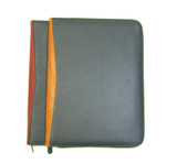 A4 leather compendium featuring a combination of black, orange, and red panels with a smooth finish and zipper. A4 leather compendium featuring a combination of black, orange, and red panels with a smooth finish and zipper.