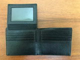 A black men's wallet with multiple card slots and a transparent ID window. The wallet is made of textured leather.