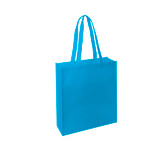 A bright blue tote bag with two shoulder straps and a simple design, featuring a logo.