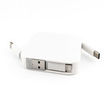 A white retractable cable with USB and Lightning connectors, featuring a compact design and built-in branding. A white retractable cable with USB and Lightning connectors, featuring a compact design and built-in branding.