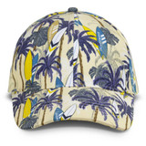 A cap featuring a patterned design with palm trees and surfboards in yellow, blue, and purple hues. It has a logo.