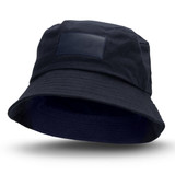 A navy bucket hat with a patch area, featuring a wide brim and a relaxed fit.