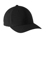 A black Flexfit 110 performance snapback cap with a structured design and a logo on the front.