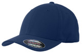A navy blue Sport-Tek Flexfit Performance Solid Cap featuring a branding logo on the side.