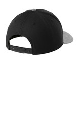 A black snapback cap featuring a grey curved bill and an adjustable strap at the back. It has a logo on the side.
