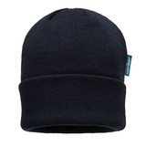 A navy insulated knit beanie featuring a folded cuff and a small logo tag.