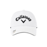 A white cap featuring a logo and black lettering, suitable for headwear.