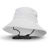 A white bucket hat with a wide brim and an adjustable chin strap, featuring a logo.