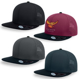 Four caps in black, grey, and dark green, featuring a logo on a maroon front panel and perforated designs.