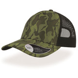 A trucker cap in green camo print with a black mesh back and a mid visor. Features a logo on the side.