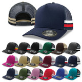 A collection of trucker caps featuring various colours, with a logo on each cap. The front shows a navy cap with striped accents.
