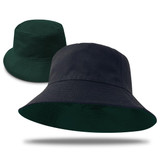 A reversible bucket hat in dark green and navy blue, featuring a simple design and a logo.