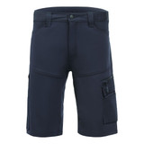 Navy blue trade shorts with multiple pockets and a zippered compartment. Features a logo on the waist.