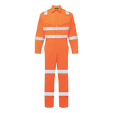 An orange coverall featuring reflective strips, suitable for workwear. It has a logo on the front.