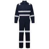 A navy blue coverall featuring reflective stripes, designed for safety wear. Includes a logo on the front chest.