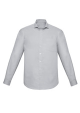 A classic fit long sleeve shirt in light grey featuring a button-up front and a single chest pocket.