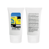 A white tube of 100ml SPF50 sunscreen lotion with a logo, displaying sunscreen information on the back.