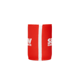 A red stubby holder with a white seam and a logo. Ideal for keeping drinks cool.