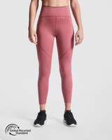 A pair of high-waisted leggings in a dusty rose colour, featuring a side pocket and a logo.