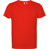 A bright red T-shirt with short sleeves and a simple design. It features a logo on the label.