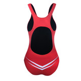 A red swimming one-piece with a black interior and white detailing, featuring a sporty design and a logo.