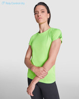 A bright green women's T-shirt with a fitted style and rolled sleeves, featuring a small logo.