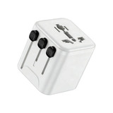 A white mini universal travel adapter with three adjustable plugs for different regions, featuring a logo.