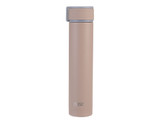 A drink bottle in a light brown shade, featuring a sleek design and a silver cap. It has a branding logo.