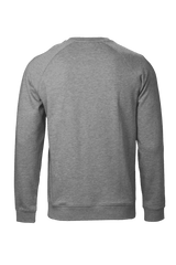 A grey sweatshirt with a simple design and a branding logo on the back.