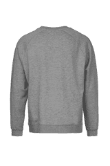 A grey sweatshirt with a crew neckline and long sleeves, featuring a simple design on the back.