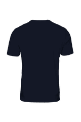 A navy blue men's t-shirt featuring a simple design and a logo on the back.
