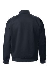A navy hybrid jacket with a stand-up collar and elasticated cuffs, featuring a logo on the back.