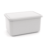 A large white lunch box with a flat lid, featuring a smooth, shiny finish and a simple design.