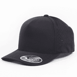 A black perforated cap with a curved brim and a branded logo on the side.