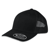 A black mesh trucker cap with a solid front panel and mesh sides, featuring a curved brim.