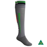 A pair of grey knee-high football socks with a logo, featuring green and red accents.