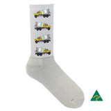 A full leg sublimation sock in white featuring yellow trucks in a repeat pattern, with a logo on the side.