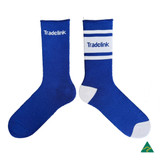 A pair of blue heavy-duty boot socks featuring white accents and a branding logo.