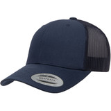 A navy blue trucker cap featuring a mesh back and a snapback closure, with a logo on the front.