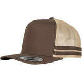 A brown striped trucker cap with a mesh back and a flat brim, featuring a logo on the front.