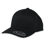 A black adjustable cap with a curved brim and a logo on the front.
