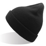 A black beanie made from recycled polyester, featuring a ribbed cuff and a pointed top.