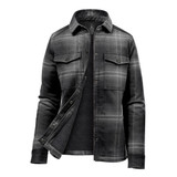 A Women's plaid jacket featuring a black and grey pattern with a sherpa lining, button-up front, and chest pockets.