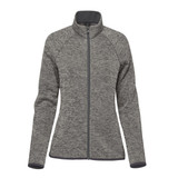 A women's full zip fleece jacket in a grey marled pattern with a high collar and long sleeves. Features branding.