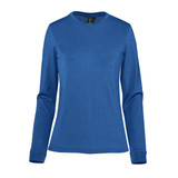 A women's long-sleeve tee in solid blue, featuring a rounded neckline and a logo.