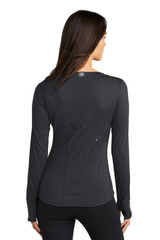 A long-sleeve women's crew shirt in black with a fitted design and a logo on the back.