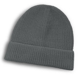 A grey beanie with a textured finish and a folded cuff, featuring a small logo.